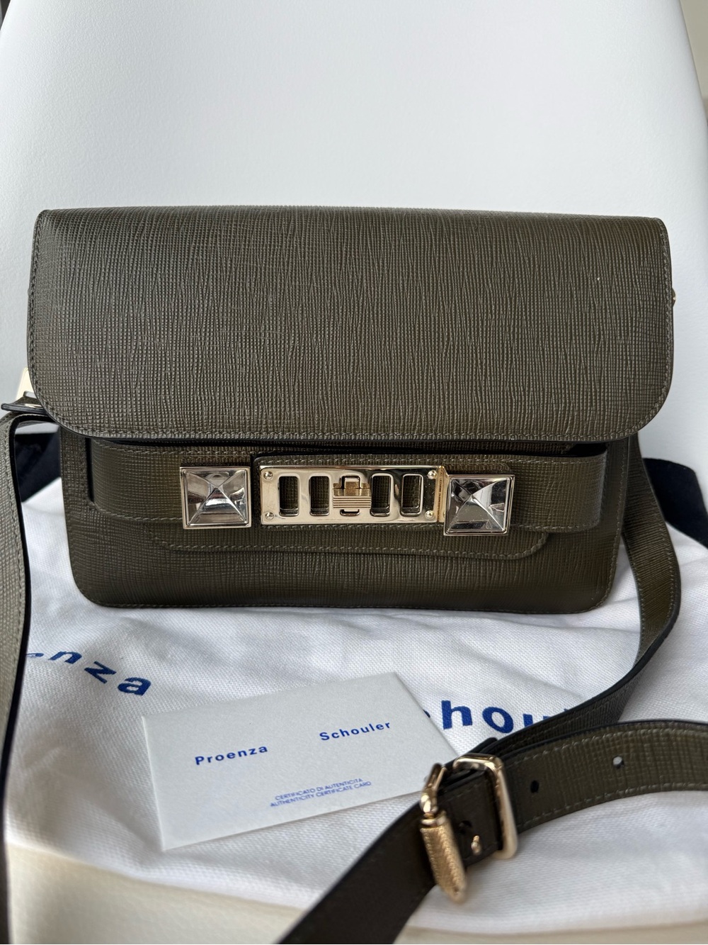 Proenza Schouler Olive Textured Leather PS11 Crossbody with Gold Hardware